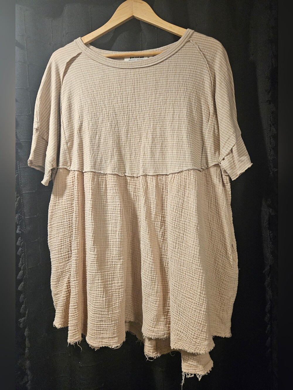 Three Bird Nest Gauze Babydoll Mini Dress Tan Beige Boho Raw Hem Pockets XL - Picture 2 of 5